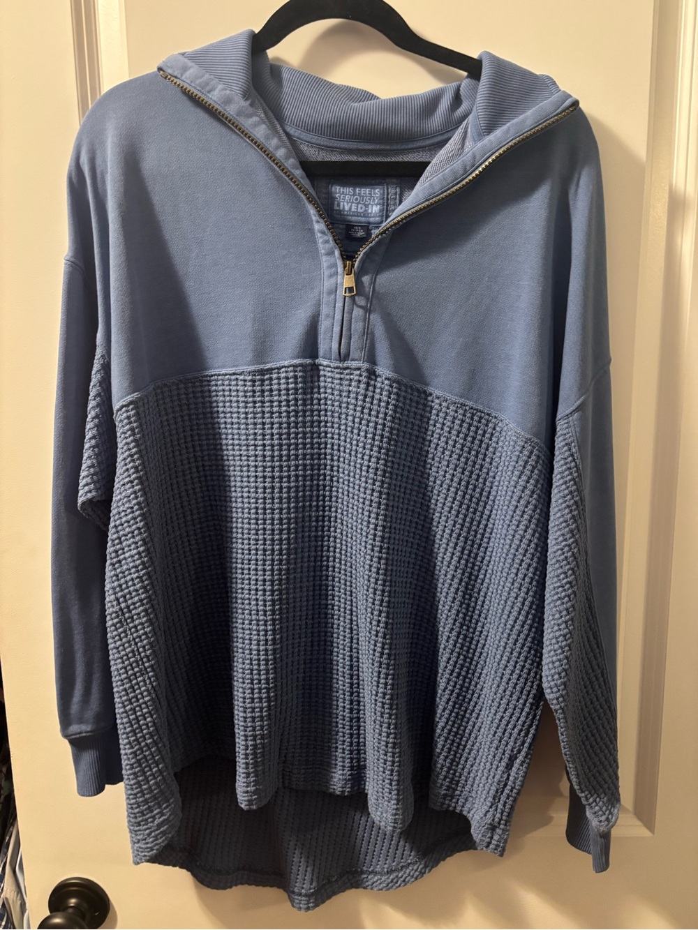 American Eagle Outfitters Blue Waffle-Knit Half-Zip Tunic Hoodie